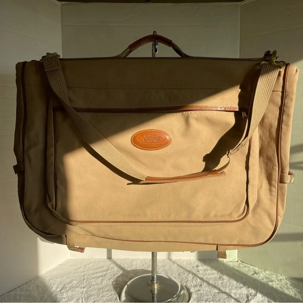 Ford Eddie Bauer Khaki Canvas Leather Garment Bag